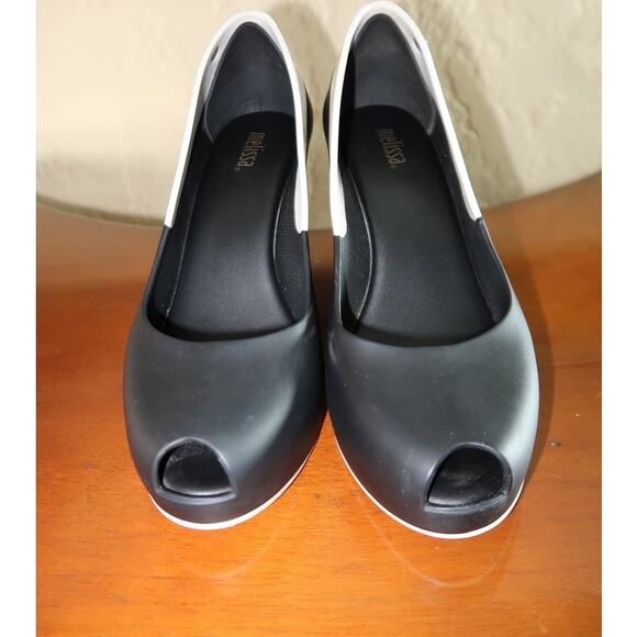Melissa Black Block Wedges Peep Toe White Detail Pin-up Rockabilly Rubber Size 8 - Picture 2 of 10